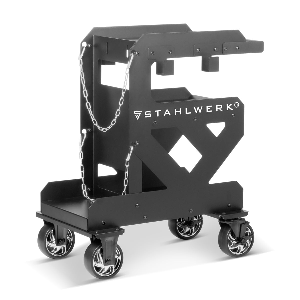 STAHLWERK Schweißwagen mit 3 Ebenen und Longlife-Gummirollen (SW-600-ST) | 60 × 38 × 76 cm (L × B × H), 1,5 mm Wandstärke, Halterung für Schläuche und Kabel, inklusive Kettensicherung für Gasflaschen