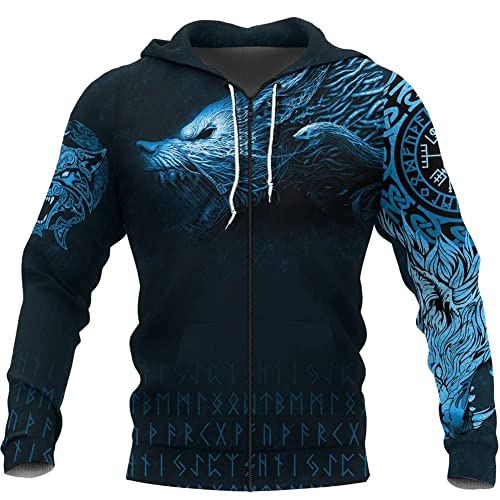 SBRTL Viking 3D Totem Odin Wolf Fenrir Tattoo Sudadera Capucha, Disfraces Mitología Nórdica Unisex Casual Harajuku Chaqueta Cremallera Ropa Calle Suelta Pagan Amulet Rune Sweater,Zipper a,XS