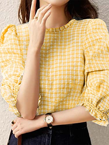 Zanzea Women's 3/4 Puff Sleeve Gingham Shirts Mock Neck Casual Blouses Tops Yellow X-Large #TOP2