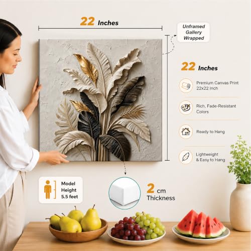 Image of PAINTINGMANTRA Textured Embossed Leaf Floral Canvas Wall Art Painting for wall decoration, Neutral & Gold Tropical Leaf Motifs Flower Stretched Canvas Painting for living room, bedroom, Office, 22x22 Inch