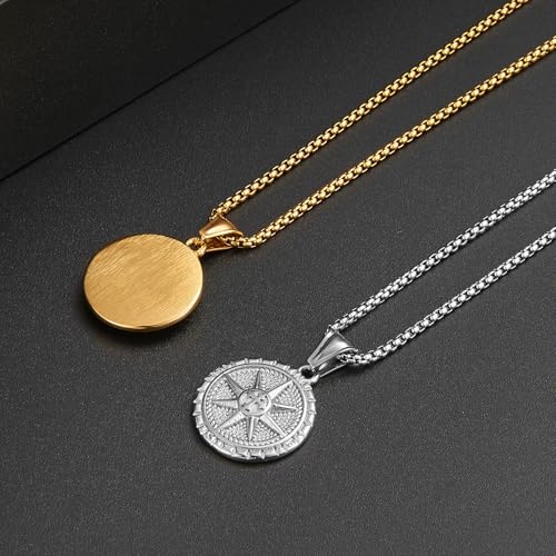 Men's Compass Pendant Necklace, Circle Vintage Coin Stainless Steel Compass Necklace Navigator Forged for Male Talisman Travel Jewelry, Inspirational Graduation Gifts (Gifts Box)2