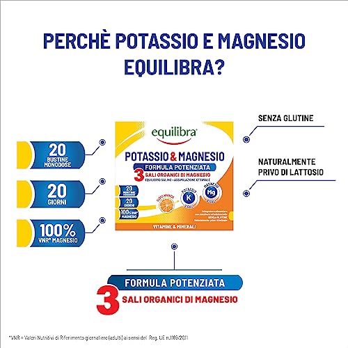 Equilibra Integratori Alimentari, Potassio e Magnesio 3 Formula Potenziata, Integratore Magnesio e Potassio per Reintegro Sali Minerali, Gusto Arancia, Senza Glutine e Senza Lattosio, 40 Bustine - Immagine 3
