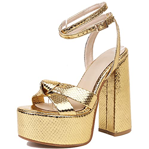 YIYA Women's Metallic Platform Chunky Heeled Sandals Open Round Toe Strappy Heels Ankle Strap Wedding Party Dress Shoes2