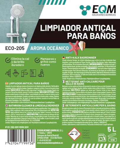 EQM - ECO-205 - Limpiador Antical para Baños - 5L - Elimina la cal, las manchas amarillas y de óxido, y las incrustaciones - Ideal para la limpieza de juntas – Agradable esencia marina