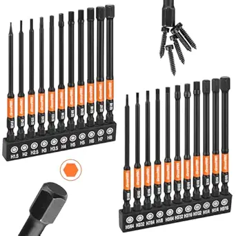 Allen Wrench Drill Bit Set 22pcs Hex Bit Set,Impact Driver Bit Set,Screwdriver Bit Set,Allen Wrenches Sets,Allen Socket Set,4" Long Metric&SAE 1/4" Hex Shank Magnetic Allen Key Drill Bits Sets