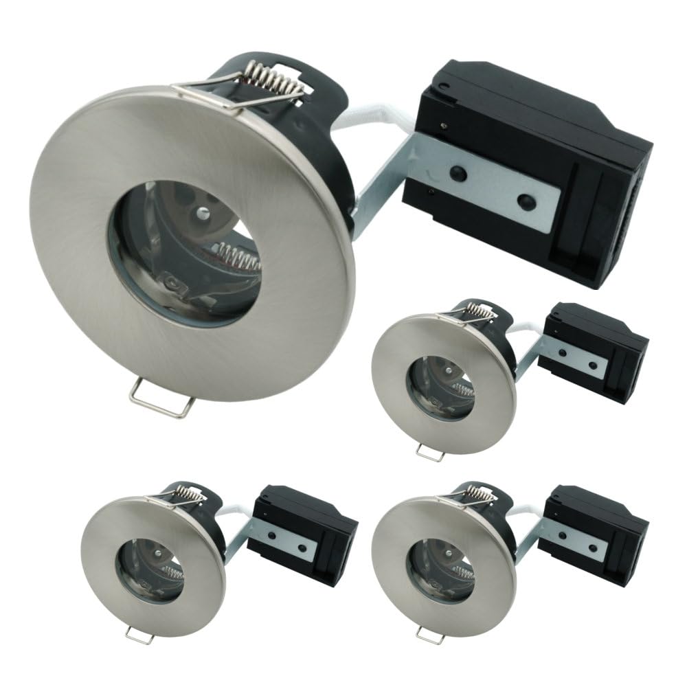 4 Pack - Brushed Chrome IP65 Bathroom & Shower Fire Rated Twist Lock GU10 Recessed Downlight | Air Flow Open Back | 68mm Cut Out | 240V Class 2 Double Insulated | Push Fit Terminals | Outdoor