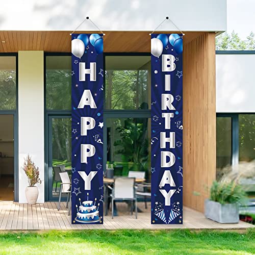 Image of Blue Silver Birthday Decorations Banner, Happy Birthday Door Sign, Polyester, 72 x 12 Inch, for Men Women Boys Girls, Reusable, Ideal Party Supplies