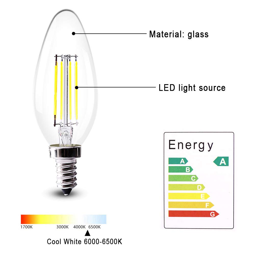 Genérico Bombillas LED Tipo Vela E14 de 4 W, Equivalente a 40 W incandescentes, luz Blanca fría 6000-6500 K, no Regulables, Bombilla Tipo Vela pequeña con Rosca Edison C35, Paquete de 20