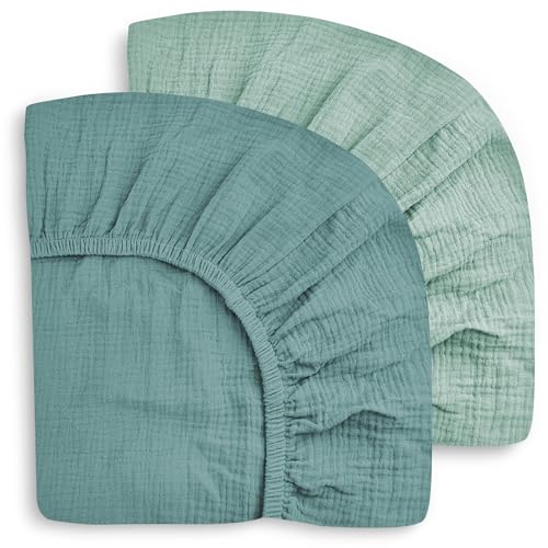 Image of SWEET DOLPHIN 2-Pack Muslin Crib Sheets for Boys & Girls, Ultra Soft Breathable 40S Long-Staple Cotton Fitted Baby Sheets for Standard Crib Mattress 52"x28", Light Teal- Nursery Essentials