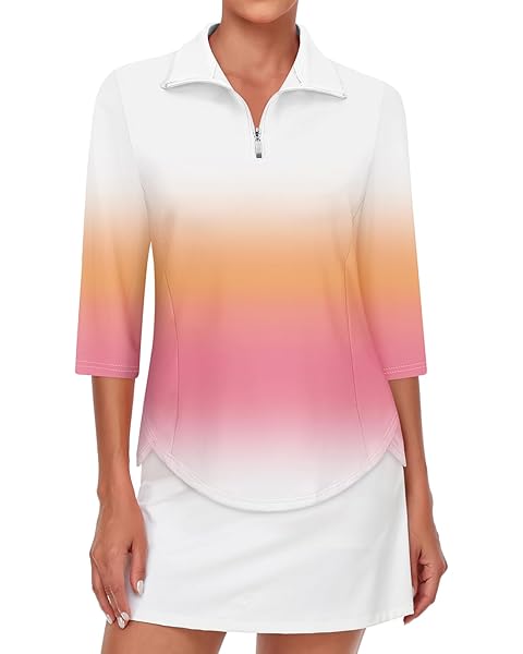 Tanst Sky Womens Golf Polo Shirts Zipper 3/4 Sleeve Moisture Wicking Tops UPF 50+ Workout Tennis Apparel