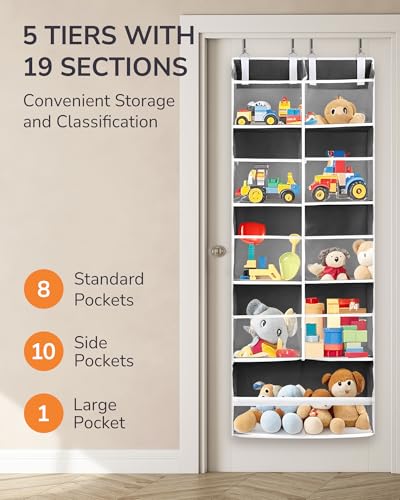 Image of ULG Over the Door Organizer, 5-Tier Extra Large Hanging Storage with 10 Mesh Pockets, 100 lbs Capacity, Heavy Duty Door Organizer for Closet, Bedroom,Grey