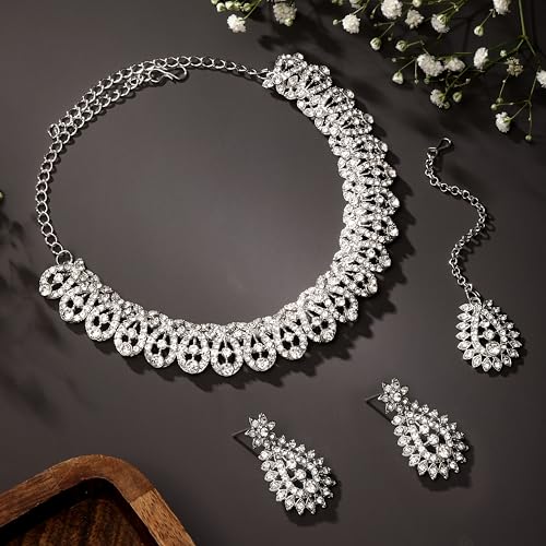 Image of Atasi International Silver Plated White Crystals American Diamonds Stylish Necklace Set with Earrings and Maang Tikka for Women and Girls | Stylish Jewellery for Party, Wedding and Festive Occasions (R6152)