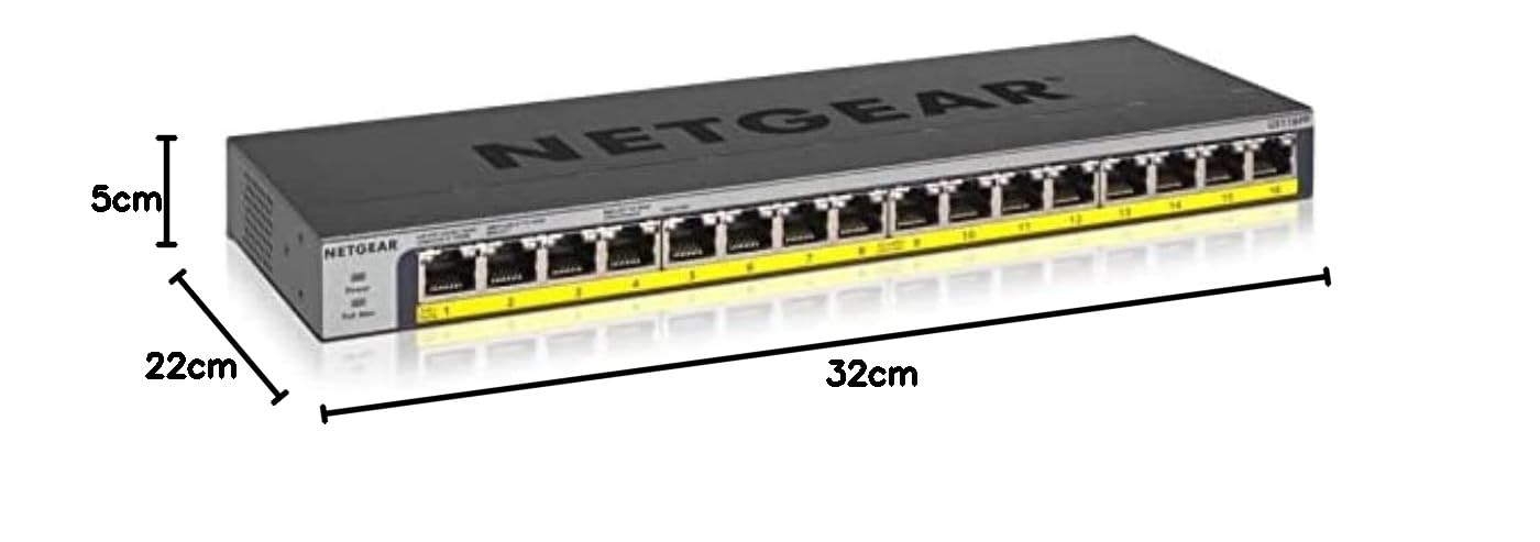 NETGEAR Switch Gigabit Ethernet POE de 16 puertos no gestionado (GS116PP) | con 16x PoE+ consumo 183 W, de sobremesa | montaje en pared o en bastidor, y protección limitada