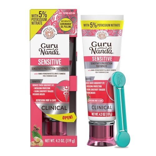 GuruNanda Sensitive Toothpaste 5% Potassium Nitrate for Tooth Sensitivity Relief with Nano-Hydroxyapatite Xylitol & White Turmeric with Toothpaste Squeezer Natural Clove Mint 4.2 oz