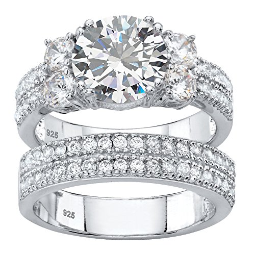 Platinum over Sterling Silver Round Cubic Zirconia 2 Piece Bridal Ring Set Size 7