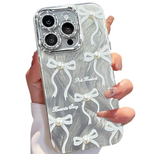 Image of VONZEE Compatible with iPhone 15 Pro 6.1'' Case Luxury Pink Girly Cute 3D Bow Pearl Glitter Bling Case with Full Camera Protection Shockproof PC+TPU Glossy Shiny Cover for Girls Women, Silver