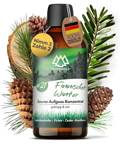 NORDHOLZ® Saunaaufguss [54 Sorten 15ml, 100ml, 250ml] - Sauna Aufgussmittel für intensive & erholsame - Sauna Zubehör (#21 Finnischer Winter, 100ml)
