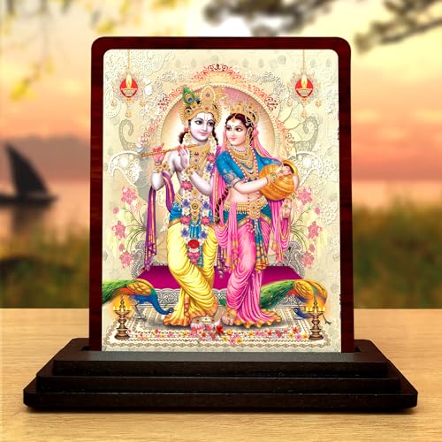 Image of Radha Krishna Wooden Idol - Glossy Finish /Size 3x4 in - Showpiece for Bedroom Figurine for Living Room