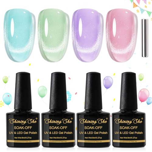 Shining She Esmaltes Semipermanentes de Uñas en Gel 4 Colores Pastel Jelly Rosa Verde Morado Azul Ojo de Gato Semipermanente Soak-Off UV LED Cat Eye Gel Polish para Verano Art Nail DIY,8ML