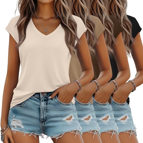 Locoowai 4 Pack Women's V Neck T Shirts Cap Sleeve
