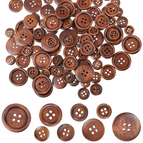 100 Pcs Wooden Buttons 4 Hole Round Buttons Bulk Brown Wooden Sewing Replacement Button Wood Sewing Button 1/2 Inch to 1 Inch (4 Size) for DIY Crafts Sewings Project
