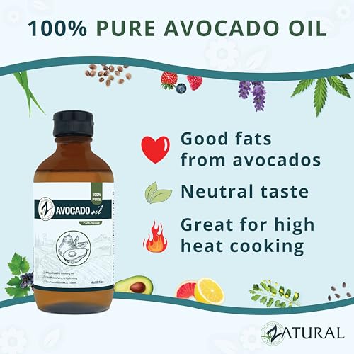 Image of Zatural 100% Avocado Oil Pure Natural Without Additives, Clean, Cold Pressed, Non-GMO, Vegan: for Cooking, Frying, Baking and for Sauces, Dressings, Marinades, Salads (8oz GLASS)
