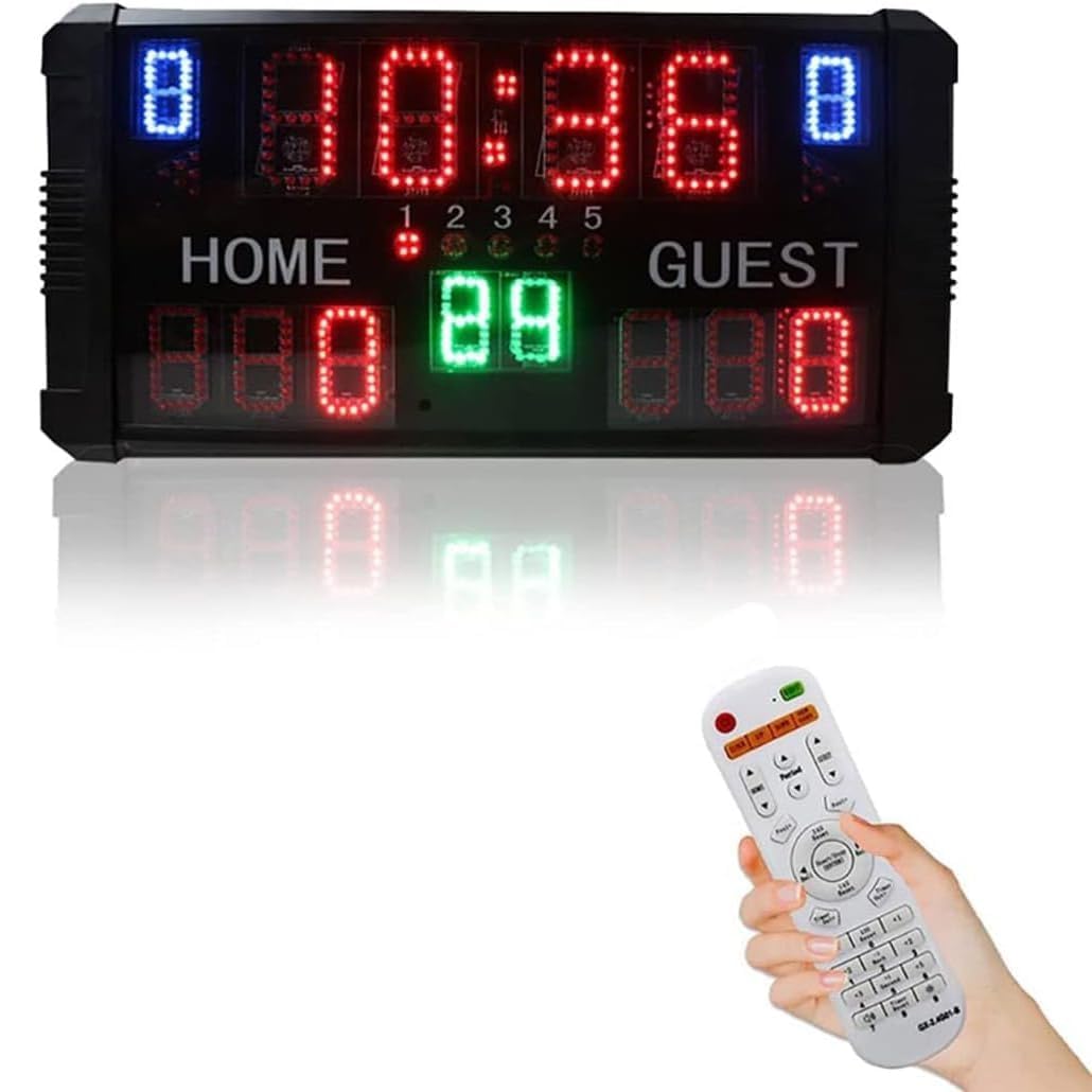 Multisport elektroniczna tablica wyników z pilotem zdalnego sterowania, 14-cyfrowy wyświetlacz LED i 24-sekundowy timer do koszykówki, piłki nożnej, siatkówki i tenisa stołowego