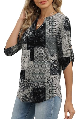 Image of XIEERDUO 3 /4 Length Sleeve Womens Tops V Neck T Shirts Both Side Buttons Blouses Business Casual Outfits Loose Fit