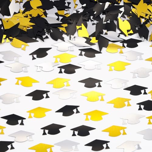 Image of Gold Silver and Black Graduation Cap Confetti 2026, Class of 2026 Table Centerpiece Grad Confetti for 2026 Graduation Party Decorations Supplies