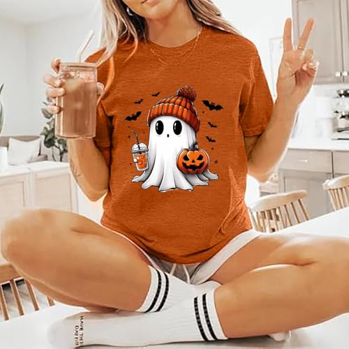 Women Fall Halloween Shirt Novelty Spooky Coffee Print Graphic Tees Pumpkin Thanksgiving Tops2