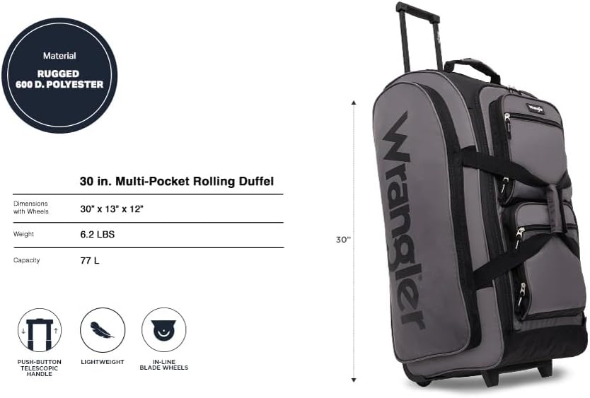 wrangler wesley rolling duffel bag charcoal grey
