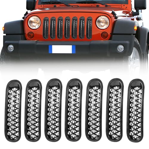 Image of Front Grill Mesh Inserts for 2007 2008 2009 2010 2011 2012 2013 2014 2015 2016 2017 2018 Wrangler JK JKU, Matte Black Clip-in Grille Guard Cover Trim