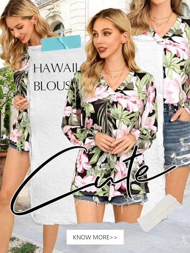 ZXZY Womens Hawaiian Shirt Vintage Leaf Floral Printed Tropical Tops V Neck Puff Long Sleeves Shirts4