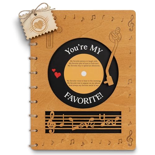 Wooden Anniversary Card for Husband Wife Her Him, Handmade You're My Favorite Record Greeting Card 5th Year Gift, Wedding Anniversary, Unique Birthday Gifts for Boyfriend, Girlfriend, 7.5x5.6