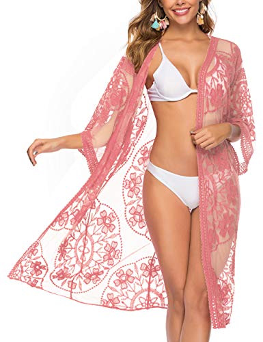 Womens Bathing Suit Beach Cover Up Lace Crochet Pool Swimwear Lingerie Cardigan Pink