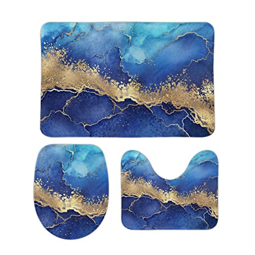 Chfukew Marmorblaue Badezimmerteppiche und -matten-Set, 3-teilig, waschbar, korallenfarben, rutschfeste Badematte…