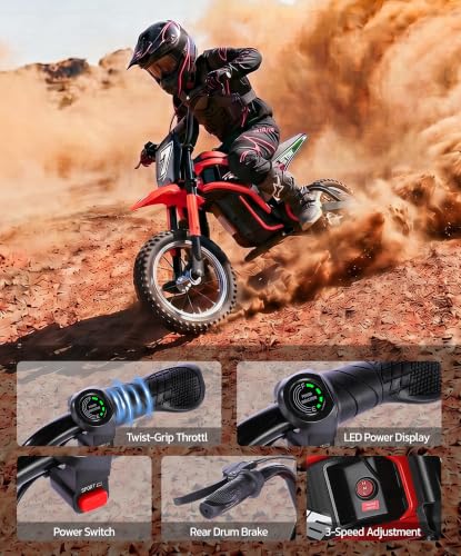 Image of ELEMARA Electric Dirt Bike,350W Motorcycle 24V Ride on Toy for Big Kids w /LED Power Display,15.5 mph & 150lb Max,3 Speeds,Chain-Driven Motor,Twist-Grip Throttle & Brake Lever,12 inch Air-Filled Tires-Red