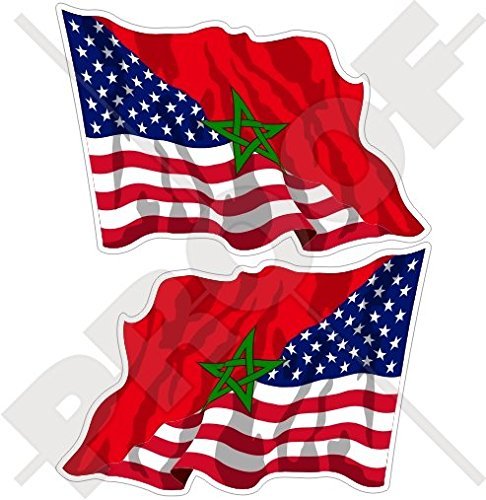 USA United States of America & Morocco Maroc, American-Moroccan Flying Flag 4,7" (120mm) Vinyl Bumper Stickers, Decals x2 (Left-Right)