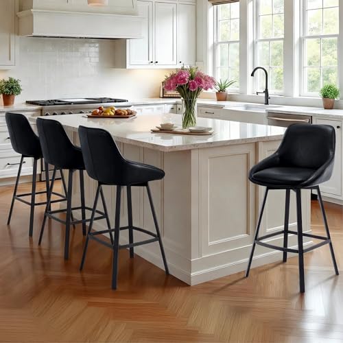 Image of Zesthouse Swivel Counter Height Stools Set of 4, Modern Upholstered Barstools with Backs, 26'' Faux Leather High Chairs for Island Kitchen, Counter Height Chairs with Metal Legs, Black