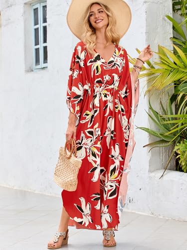 Image of Moss Rose Kaftan Dresses for Women V Neck Summer Swimsuit Cover up Caftan Maxi Beach Dresses