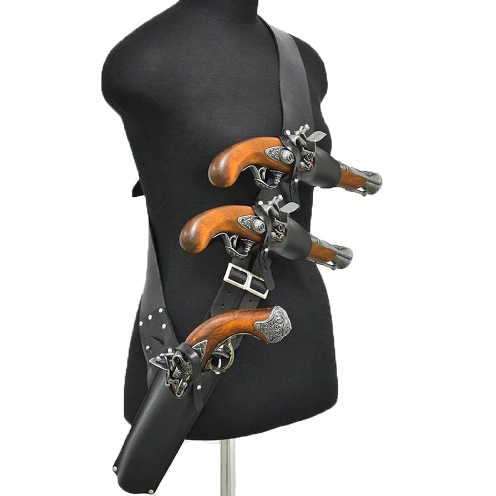 Dremdo Black Medieval Pirate Flintlock Holster, Steampunk Retro Leather Single Shoulder Gun Holder, Adjustable Crossbody 3 Pistols Holster For Cosplay