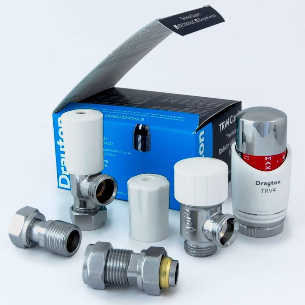 Drayton TRV4 - Valvole per termosifone, 15 mm, 1 valvola termostatica + 1 valvola di Blocco, Colore: Bianco/Cromo