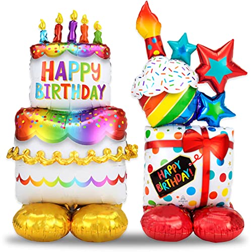 Happy Birthday Balloon, 2 Pcs Standing Happy Birthday Balloons 36 Inch, Thickened Large Happy Birthday Foil Mylar Balloon For Birthday Party Baby Shower Decorations Supplies (Cake And Box Shape) #TOP11