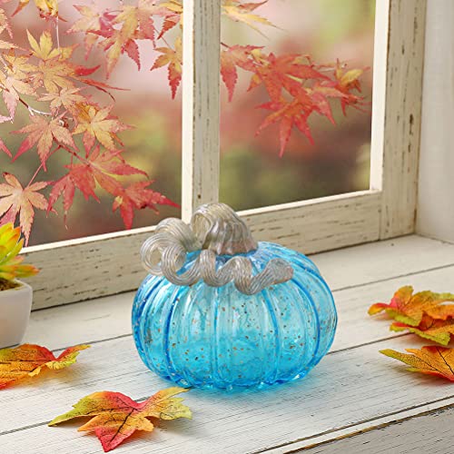 Glitzhome 5.12 Inch Hand Blown Blue Glitter Glass Pumpkin Table Accent For Fall Harvest & Thanksgiving Decorating #TOP1