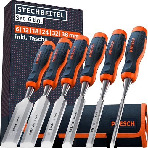 Presch Stechbeitel Set für Holz 6tlg. inkl. Tasche - Fertig geschliffene Stemmeisen (6, 12, 18, 24, 32, 38mm) - Profi Stecheisen mit 25° Keilwinkel mit robuster Metallschlagkappe