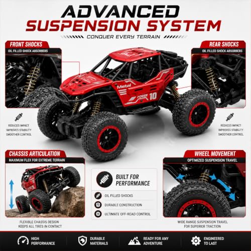 Image of NHR Kids Remote Control Rock Crawler RC Car with Rechargeable Battery, Red