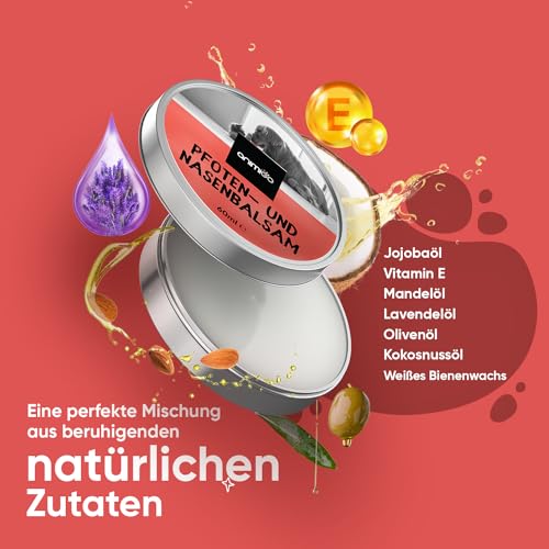 Nasen & Pfotenbalsam für Hunde & Katzen - Für trockene, rissige Nasen & Pfoten im Sommer - 60ml Pfotenpflege & Nasenbalsam mit Lavendelöl, Bienenwachs, Vitamin E - Nasensalbe & Pfotenschutz - animigo