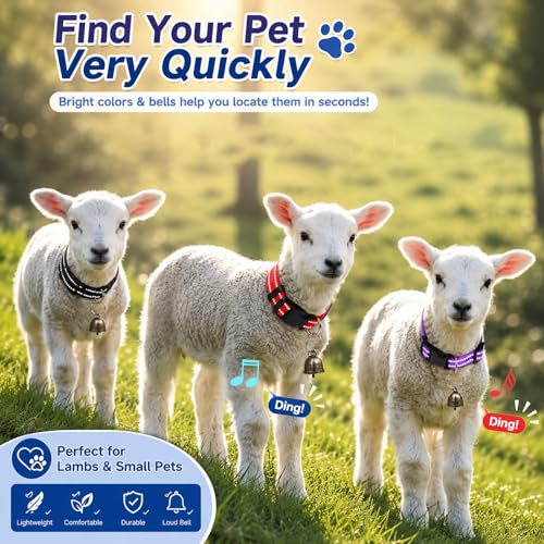 Image of 5 Pack Reflective Goat Collars with Bells, Adjustable Nylon Collar Set and Horse Sheep Grazing Copper Bells Pet Anti-Lost Loud Bronze Bell for Small Farm Animal Goat Sheep Cow Accessories