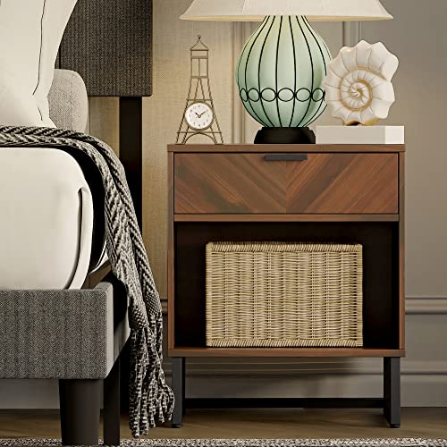 Odika Walnut Nightstand With 1 Upper Drawer, Enclosed Bottom, Bedside Table, 1 Unit #TOP1