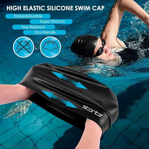 Image of Storite Swimming Cap for Men & Women (Black) | Waterproof, Stretchable Silicon, For Long Hair, Professional Lightweight